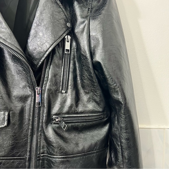 DKNY Black Large Faux Leather Women’s Moto Jacket Zip Front - Picture 4 of 13